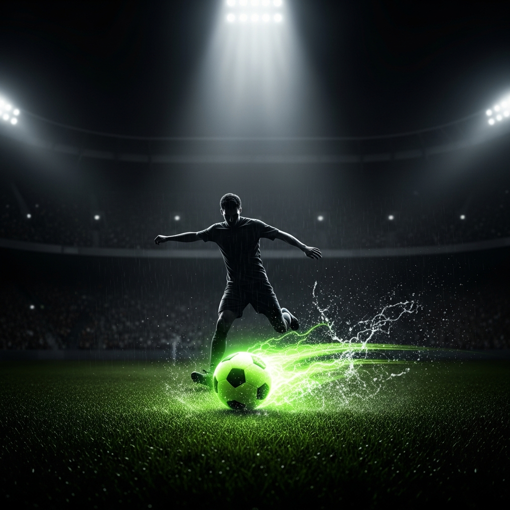 A dramatic, ultra-realistic 16:9 digital art image capturing the peak action of a football match. The scene is dark and moody, with a powerful, focused spotlight from above illuminating a dynamic moment. A player in a dark, unbranded kit is mid-stride, about to strike a football that glows with an intense lime green energy, leaving a subtle motion trail. Splashes of artificial rain and turf kick up around the ball, frozen in time. The background is a blurred stadium, shrouded in shadow, with only faint hints of crowd silhouettes. The overall color scheme is dominated by deep blacks, charcoal greys, and vibrant, electric lime green highlights, creating a high-contrast, energetic, and modern aesthetic.