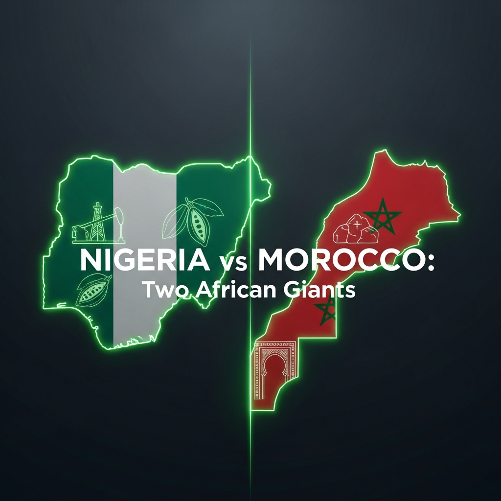A high-contrast, stylized graphic with a dark charcoal background and vibrant lime green accents. The design is split vertically. On the left half, a glowing lime green outline of Nigeria's map is featured, with subtle icons of an oil rig and a cocoa pod inside. On the right half, a glowing lime green outline of Morocco's map contains icons of a phosphate rock and an intricate Moorish arch. A subtle, transparent overlay of each country's flag is visible within its respective map. The title "NIGERIA vs MOROCCO: Two African Giants" is written in a bold, modern, lime green font across the center.