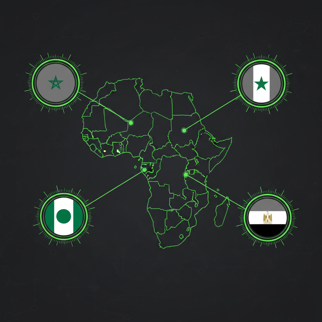 A graphic illustrating the AFCON 2025 tournament with a stylized map of Africa and flags of contender nations in a lime green and dark color scheme.