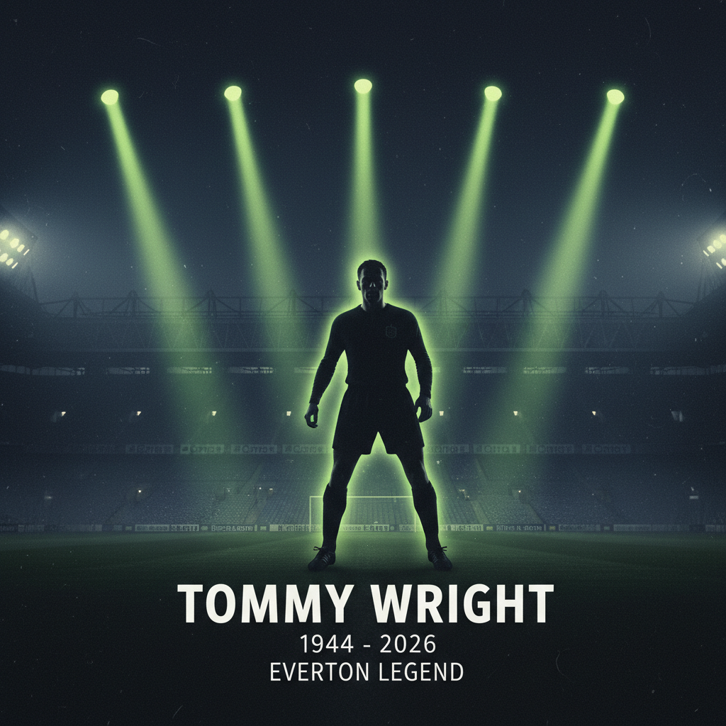 A tribute to Tommy Wrights 1966 FA Cup and 1970 League Championship victories with Everton. A minimalist graphic showing two trophies (FA Cup, First Division) with a lime green glow and the years 1966 and 1970.