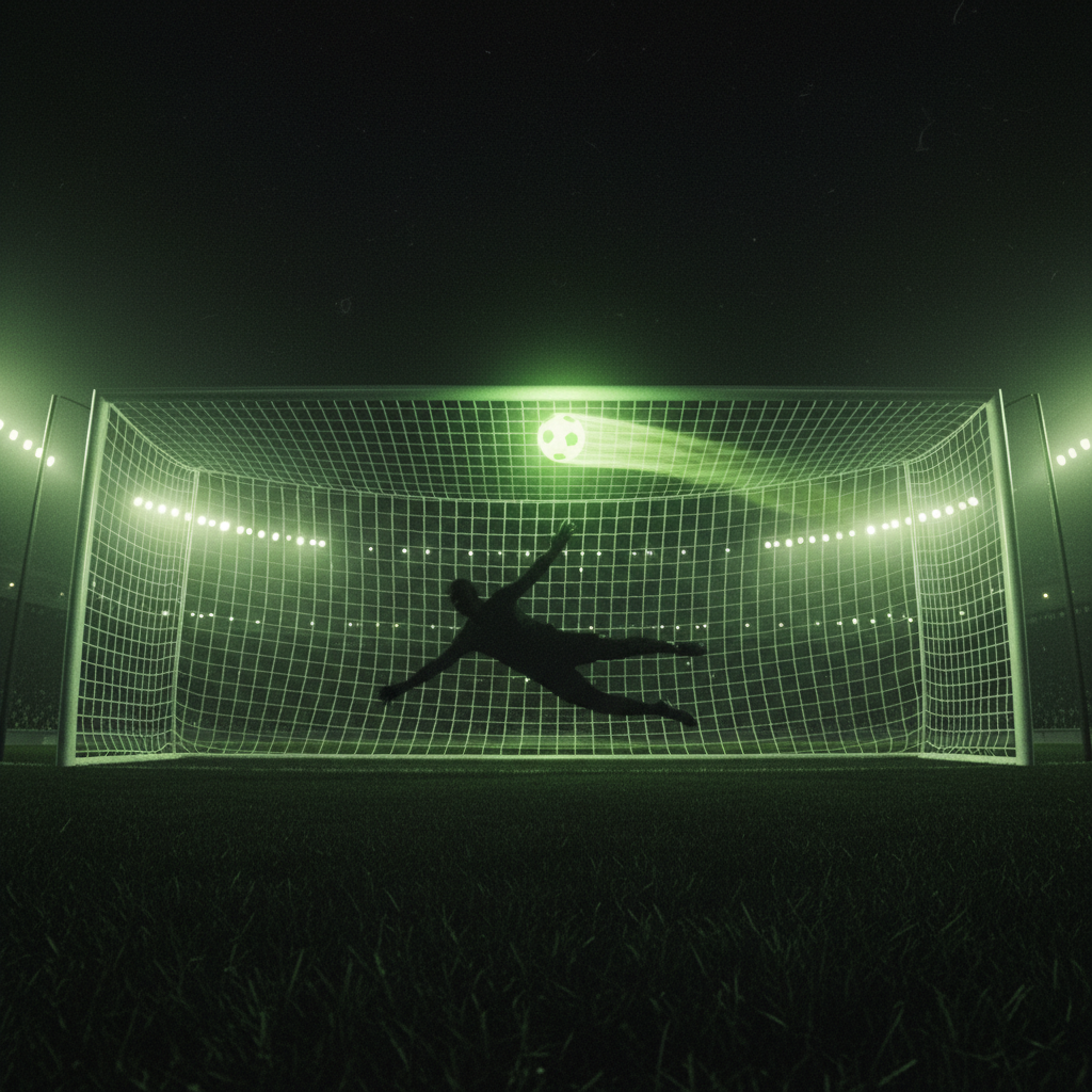 A football with a lime green trail flies into the top corner of a goal net.