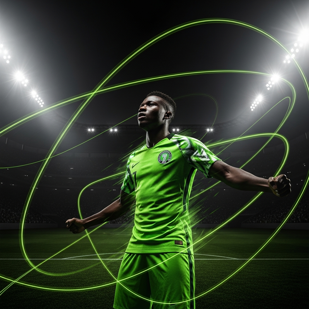 A 16:9 dynamic shot of a Nigerian football player, reminiscent of Victor Osimhen, celebrating a goal passionately under stadium floodlights. The scene is dark and atmospheric. His jersey is a vibrant lime green, popping against the dark background. Abstract lime green light trails streak across the frame, adding a sense of motion and energy. The overall color palette is a stark contrast of deep charcoal, black, and electric lime green. Cinematic, high-contrast lighting.