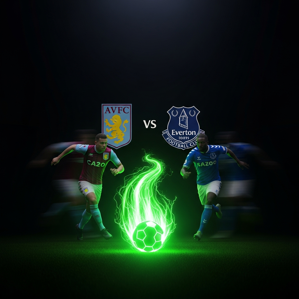 A 16:9 cinematic digital art of two abstract footballers in motion, one in claret and blue, the other in royal blue, chasing a glowing lime green football against a dark background with subtle club crest outlines.