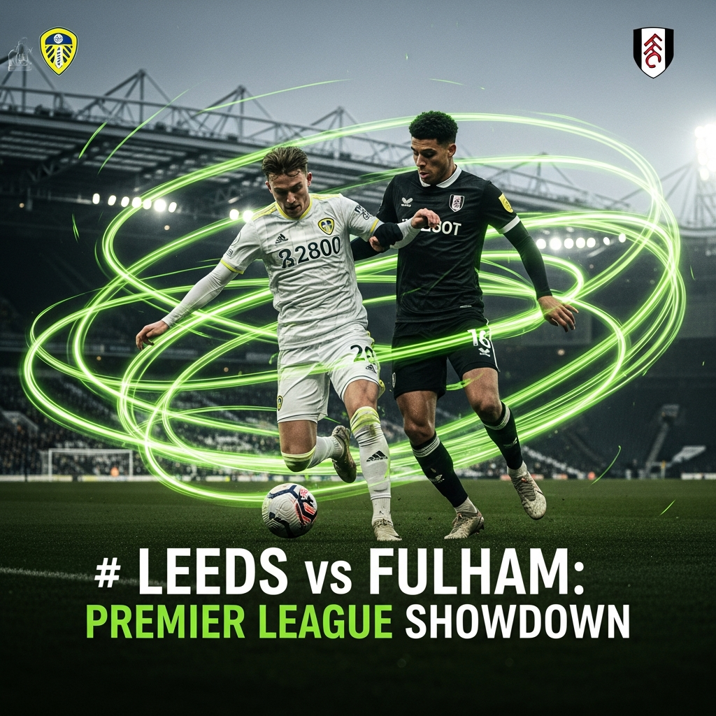 A 16:9 cinematic action shot for a football match preview. The scene features a Leeds United player in their iconic all-white kit and a Fulham player in an all-black kit, captured mid-challenge for a football. The atmosphere is dark and moody, with the Elland Road stadium lights blurred in the background. Abstract, glowing streaks of lime green light swirl around the players, emphasizing the energy and motion. In the top left and right corners, the Leeds United and Fulham club crests are subtly visible with a faint glow. A modern, bold sans-serif text overlay at the bottom reads "LEEDS vs FULHAM: PREMIER LEAGUE SHOWDOWN" in a mix of white and lime green.