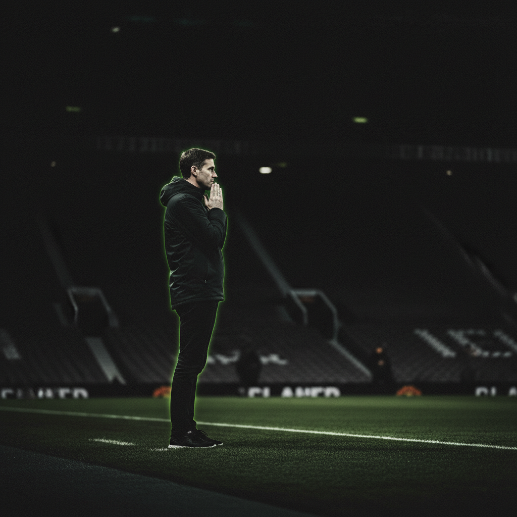 A wide, atmospheric shot of Old Trafford at night, bathed in dramatic lime green and dark lighting, empty and awaiting the Manchester Derby.