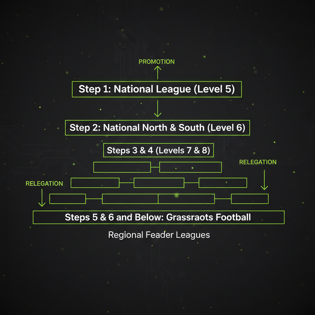 A diagram of the English Non-League football pyramid with lime green accents showing the progression from Step 1 to the regional feeder leagues.