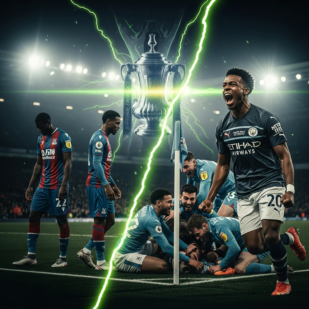 A dramatic 16:9 thumbnail showing dejected Crystal Palace players on one side and a jubilant Antoine Semenyo on the other, split by an electric lime green energy streak, with a ghostly FA Cup trophy silhouette.