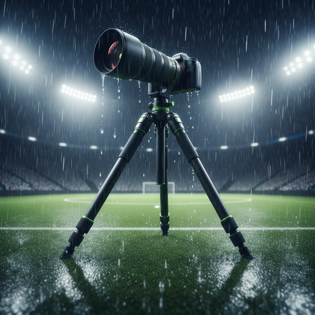 Close-up of a waterproof tripod leg lock with water beading off, set against a dark, rainy background with a lime green accent.