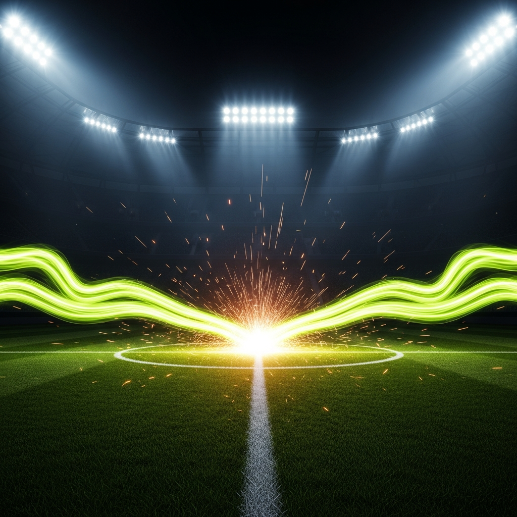 A 16:9 cinematic, dark-themed image of a football stadium at night under dramatic spotlights. The pitch is pristine. From opposite sides of the screen, two abstract, vibrant lime green energy streaks rush towards the center circle, clashing in the middle with a bright spark, symbolizing the impending conflict between two teams. The overall mood is intense and atmospheric, with deep blacks and shadows contrasted by the glowing lime green.