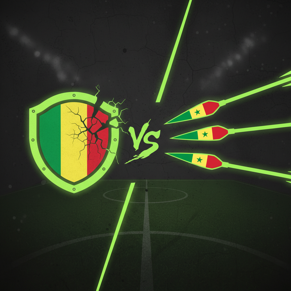 A symbolic image showing a defensive shield with the Mali flag pattern facing off against attacking spears with the Senegal flag pattern.