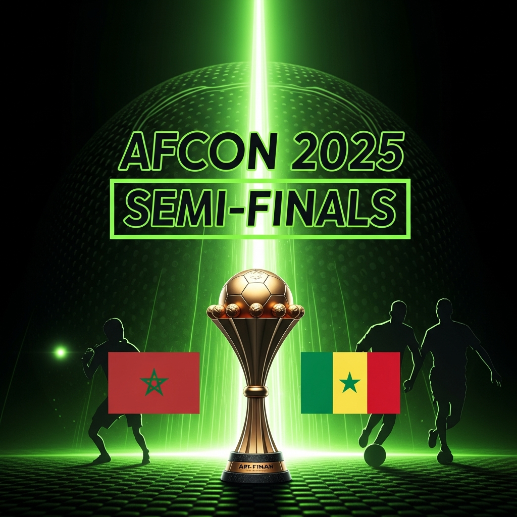 A dramatic 16:9 thumbnail for AFCON 2025 semi-finals blog post, featuring a stylized trophy, flags of Morocco and Senegal, and shadowy player silhouettes on a dark football-textured background with a vibrant lime green energy pulse. Text: AFCON 2025 SEMI-FINALS.