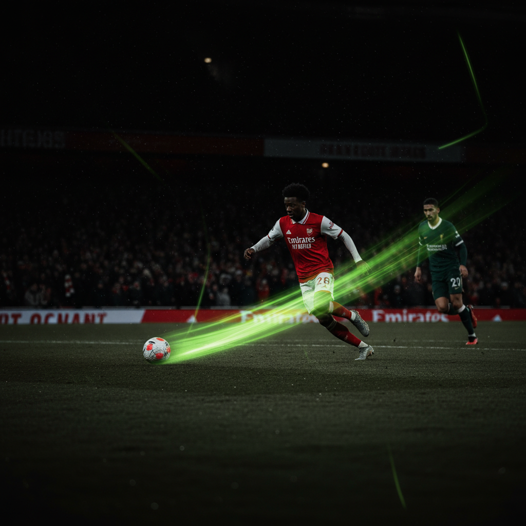 Arsenal's Bukayo Saka on the attack in a Premier League match against Liverpool.