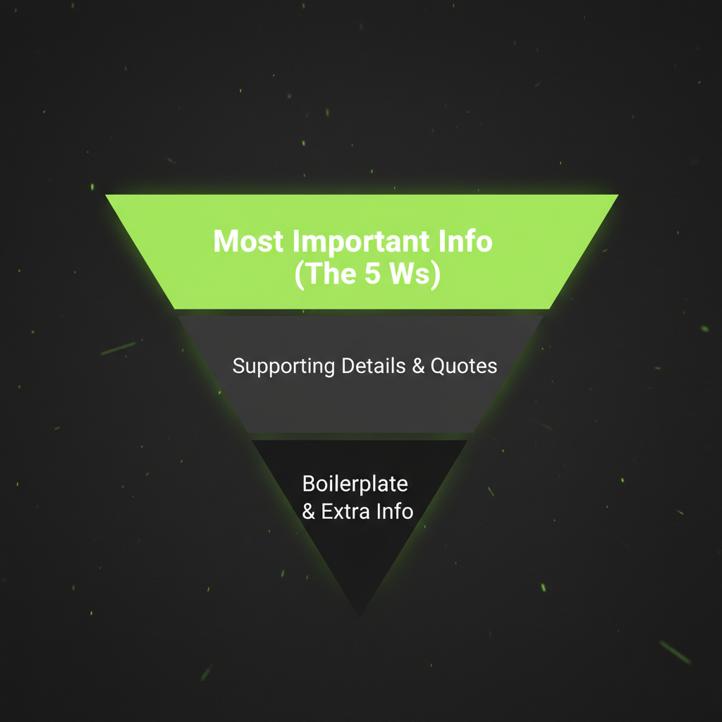 Diagram of the inverted pyramid press release structure, showing the most important information at the top in lime green.