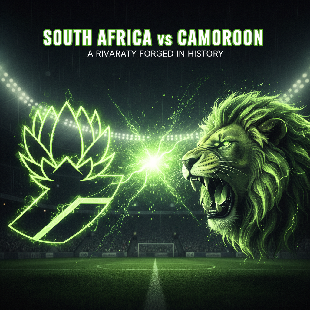 Hlompho Kekana scoring his famous long-range goal for South Africa against Cameroon, highlighted in lime green.
