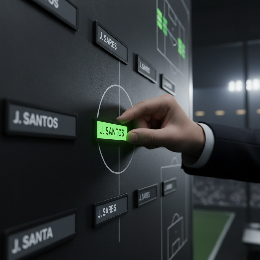 A manager adding a new player, highlighted in lime green, to a football tactics board for a European competition.