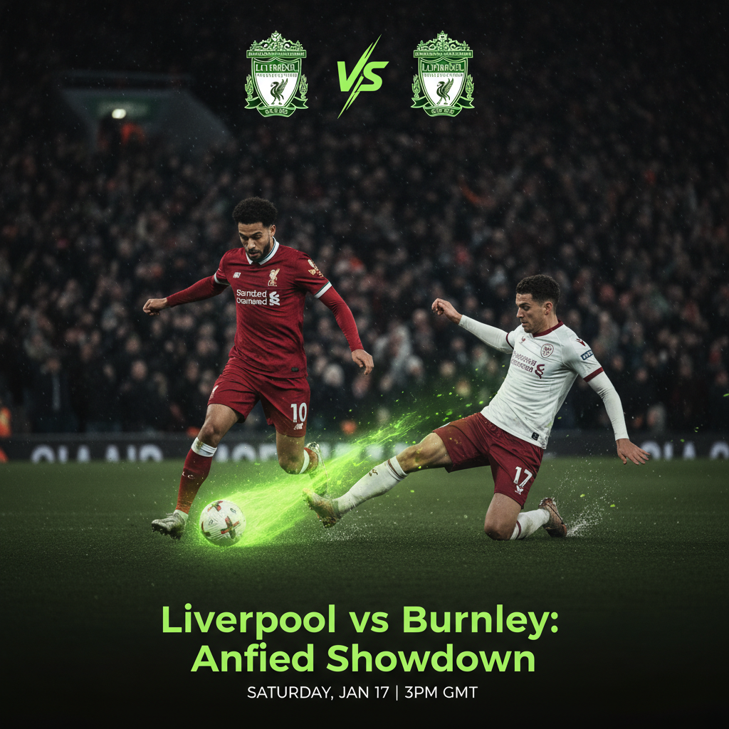The Anfield stadium at dusk with a dark tone and vibrant lime green lighting, setting the stage for the Liverpool vs Burnley match.