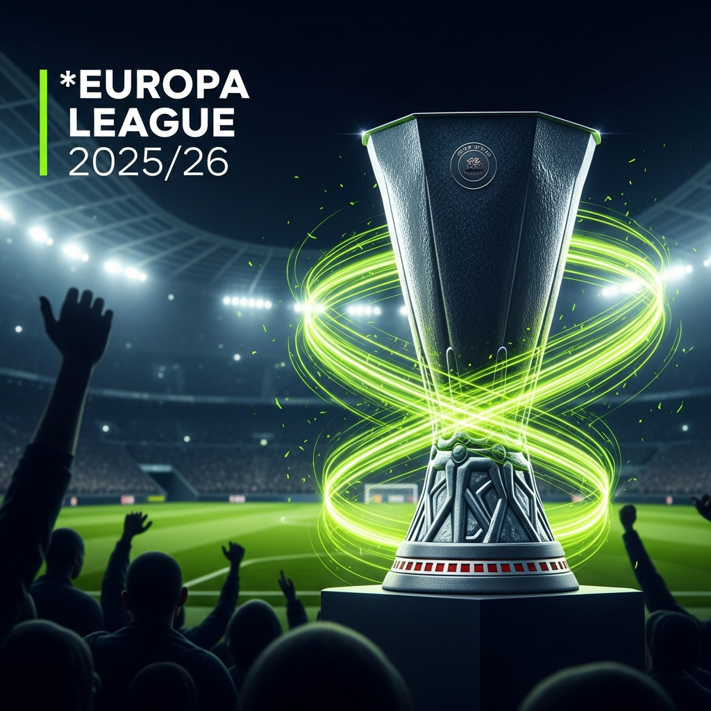A hyper-realistic, dark-themed 16:9 thumbnail for a blog post about the 2025/26 Europa League. The iconic silver Europa League trophy is the central focus, positioned slightly off-center to the right, glistening with sharp, reflective highlights. In the background, a football stadium at night is visible but artistically blurred, with dark silhouettes of supporters. Abstract, energetic streaks of lime green light swirl around the trophy, conveying motion and excitement. The overall color palette is a sophisticated mix of deep charcoal, black, and vibrant lime green. The text "EUROPA LEAGUE 2025/26" is written in a bold, modern, white sans-serif font in the upper left corner.