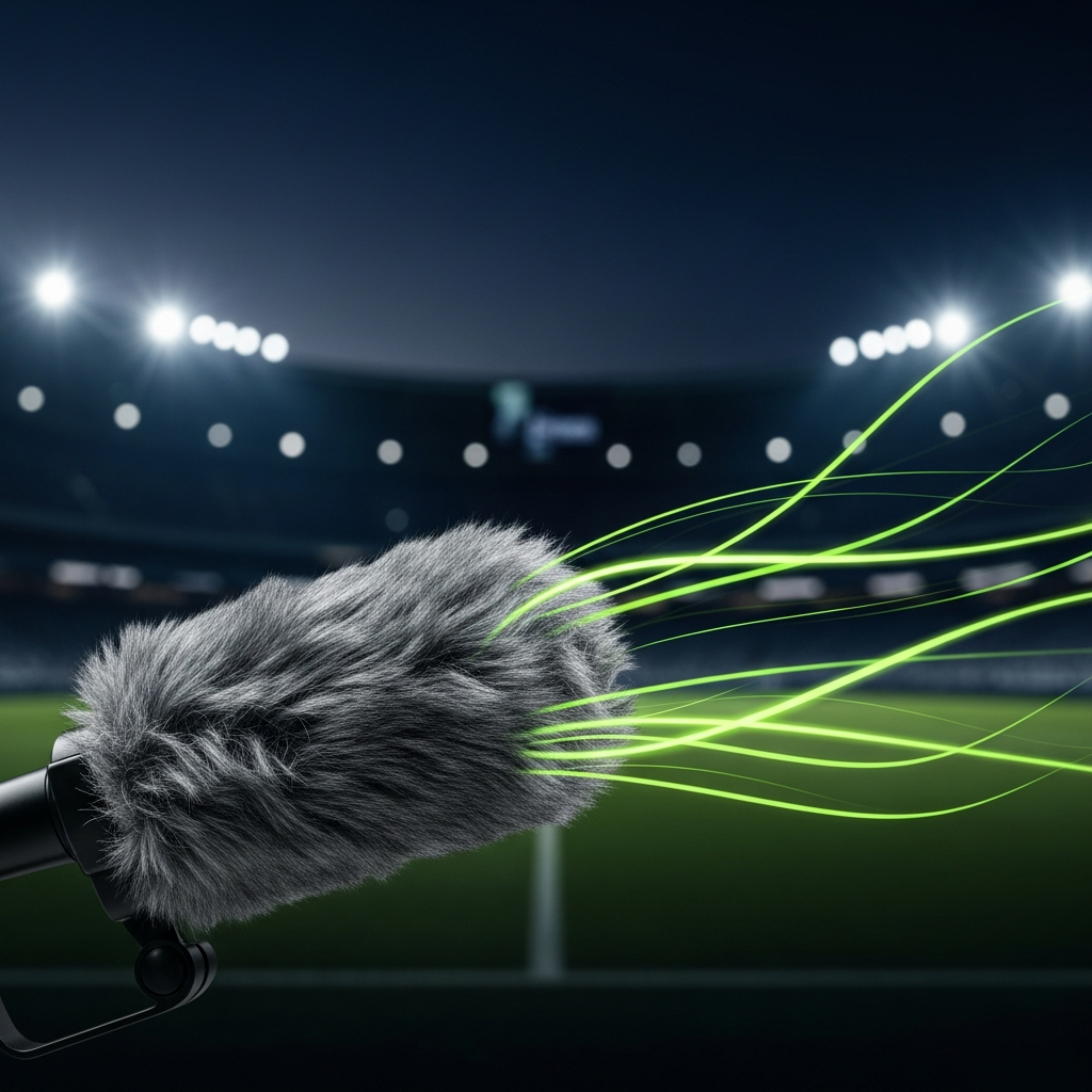 Professional shotgun microphone with dead cat windscreen in a stadium