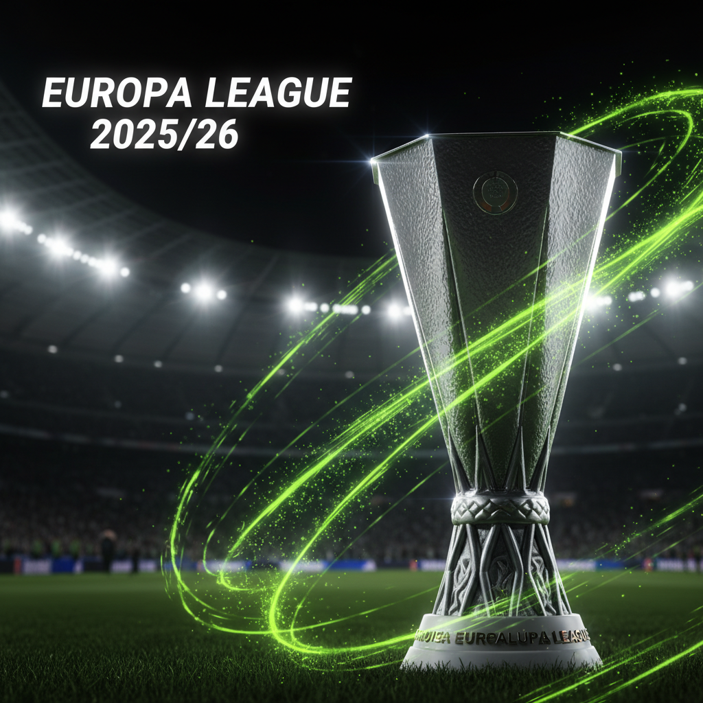 Infographic explaining the 2025/26 Europa League Swiss system format with league phase and knockout progression.