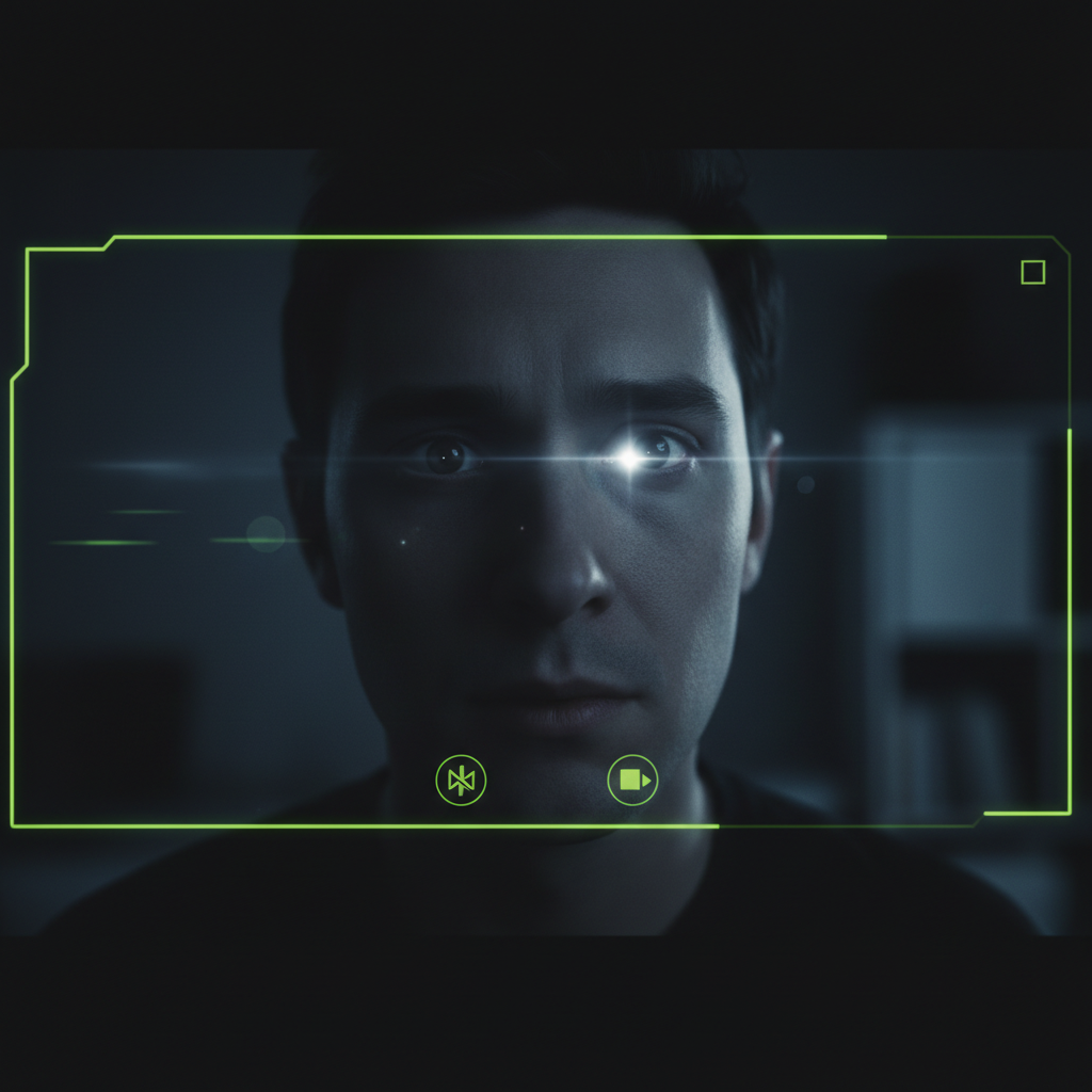 A person's face on a video call screen, illustrating the challenge of making genuine eye contact virtually.