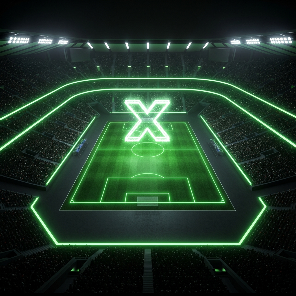 A futuristic stadium at night with lime green neon highlights