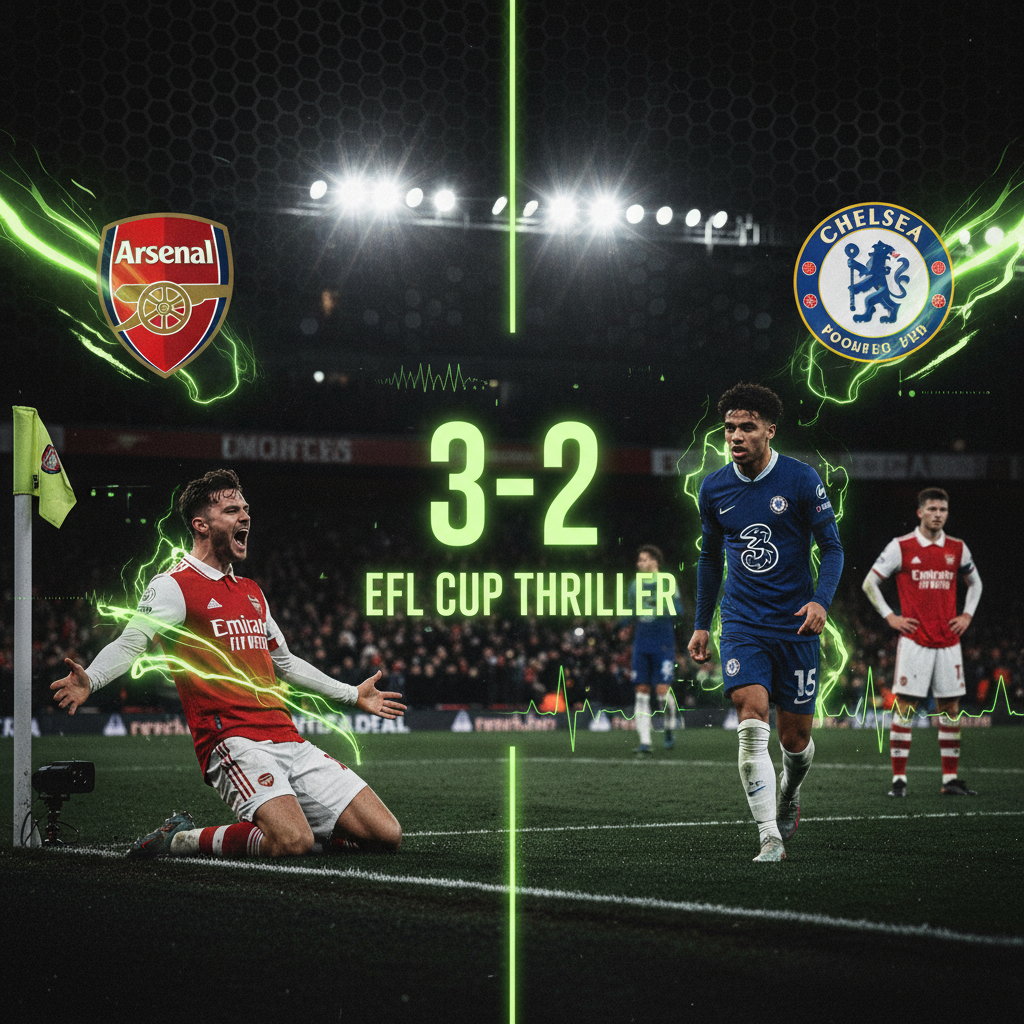 Viktor Gyökeres celebrates his first Arsenal goal against Chelsea in a lime green and dark-toned stylized image.