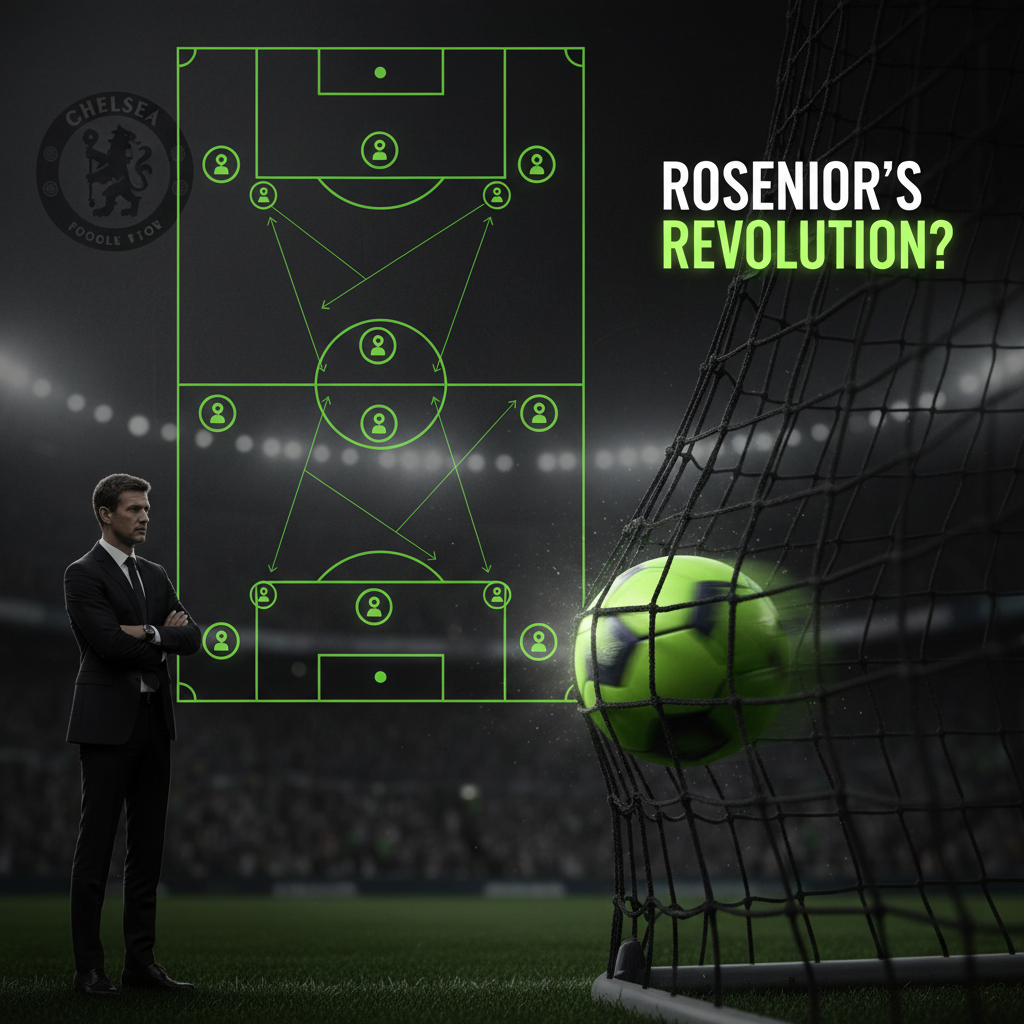 A dark tactical board showing Chelsea's 3-box-3 formation with glowing lime green markers and arrows.