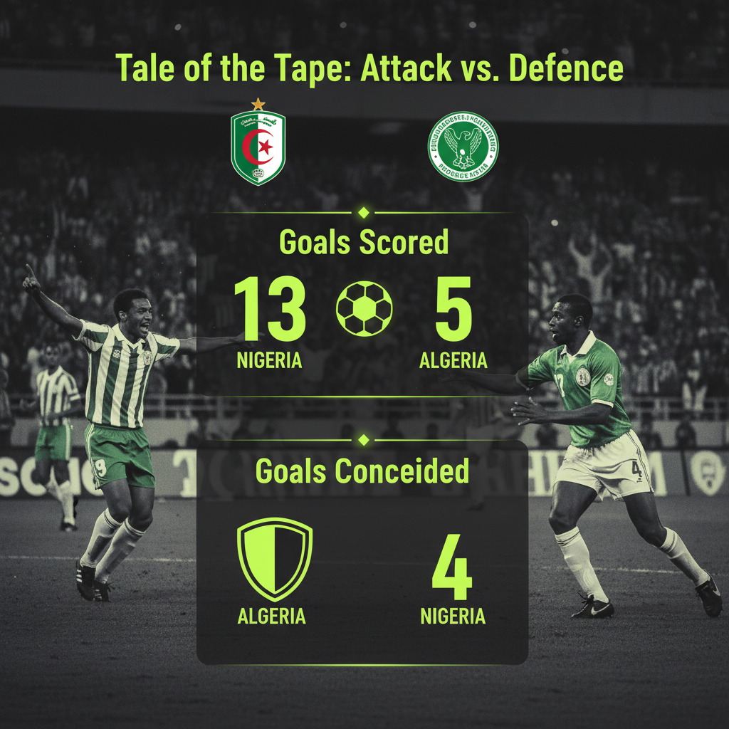 Historic 1990 AFCON final clash between Algeria and Nigeria in a dark and lime green design.