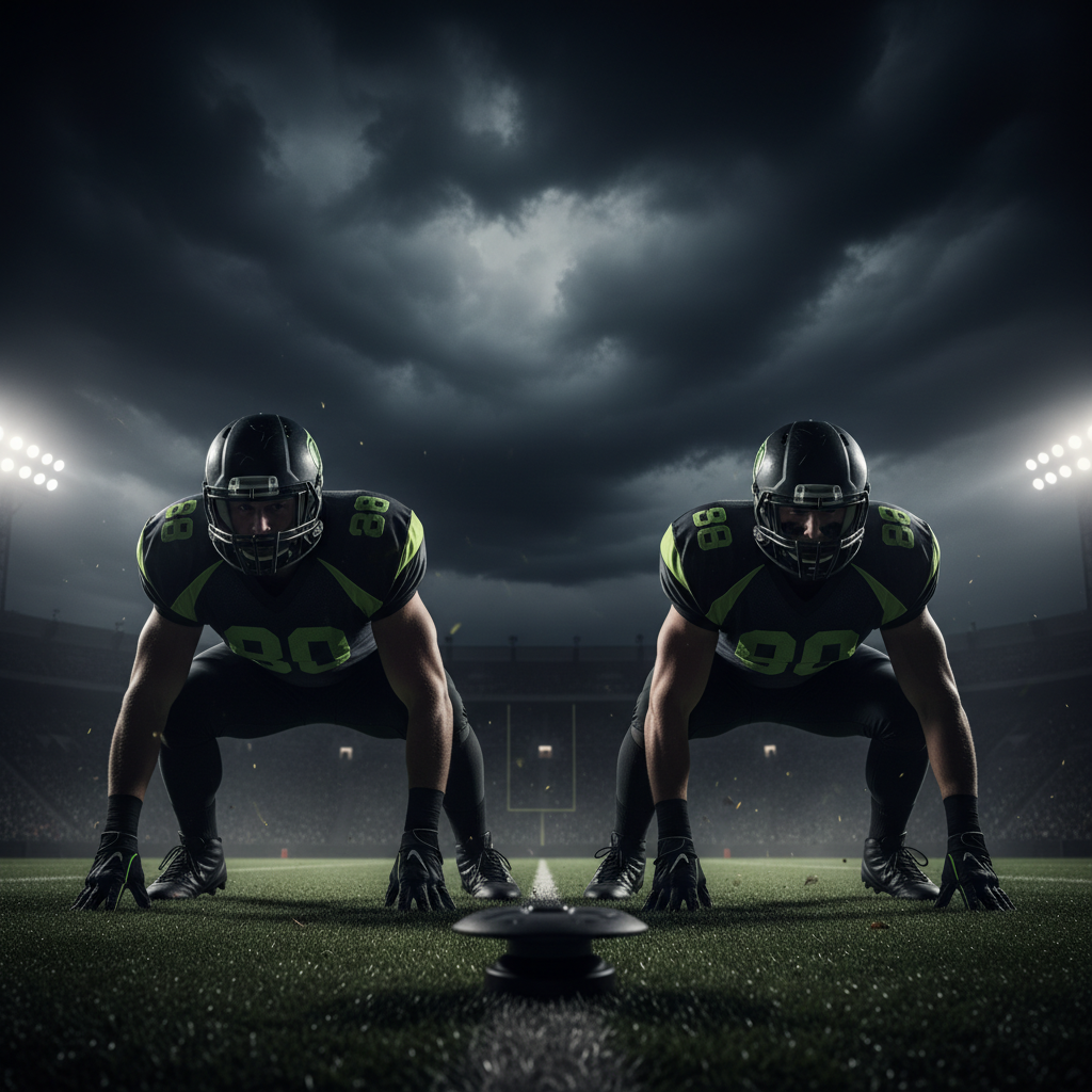 A tall tripod with a camera overlooks a football field, illustrating a high-angle filming position.