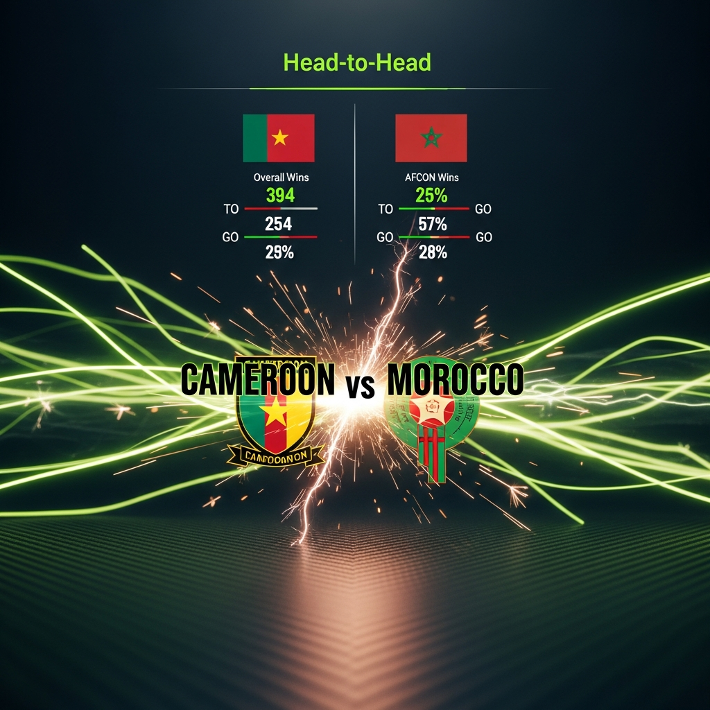 Dramatic 16:9 thumbnail showing Cameroon and Morocco crests clashing with neon glow