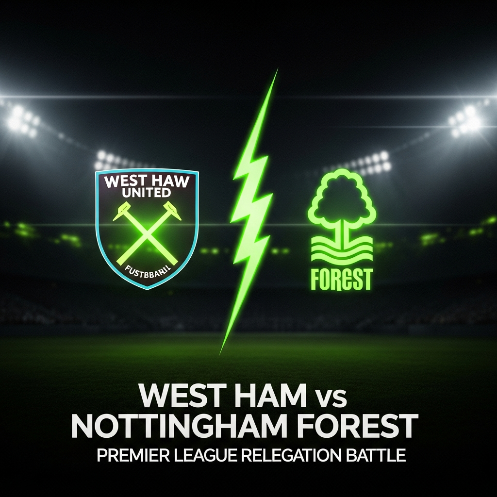 A dramatic, high-contrast 16:9 thumbnail for a football match preview. The background is a dark, almost black, textured canvas with subtle stadium light flares. On the left side is the West Ham United crest, glowing with an inner lime green light. On the right side is the Nottingham Forest crest, similarly glowing with the same lime green hue. A jagged, energetic lime green lightning bolt graphic splits the two crests down the middle. Below the crests, in a bold, modern, dark grey font, the text reads "WEST HAM vs NOTTINGHAM FOREST". Underneath, in a smaller font, is "PREMIER LEAGUE RELEGATION BATTLE".