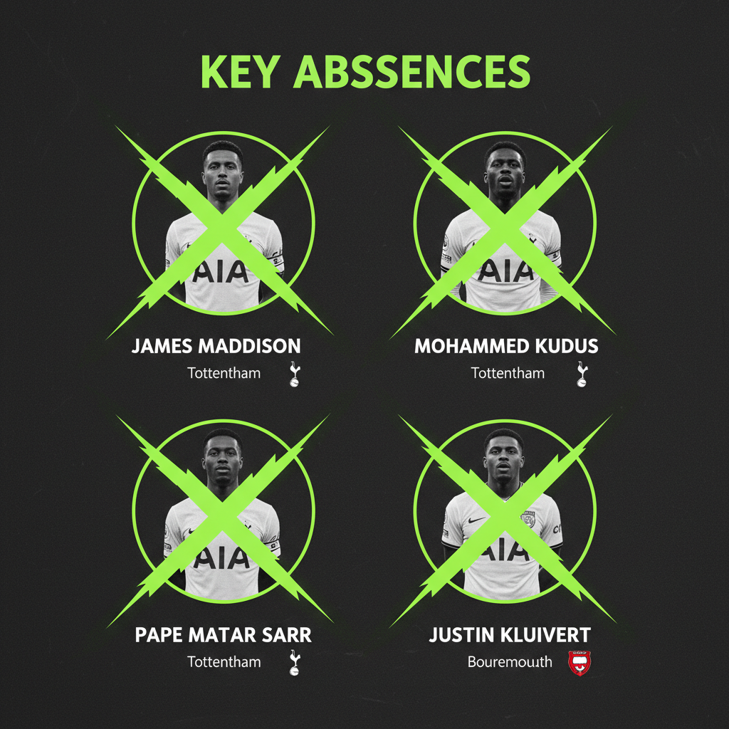 Graphic showing key injured and absent players for Bournemouth and Tottenham in a dark and lime green theme.
