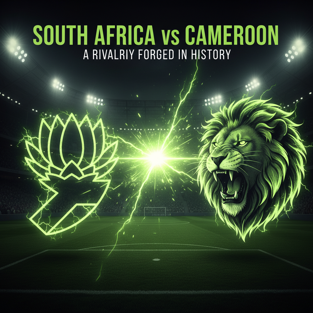 Infographic showing the head-to-head record between South Africa and Cameroon: 10 matches, 3 wins for South Africa, 1 for Cameroon, and 6 draws.