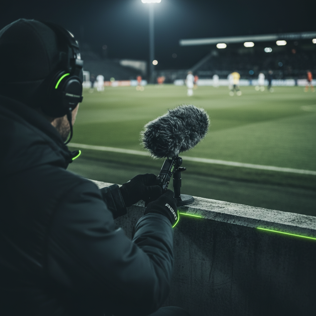 A sound engineer strategically placing a microphone behind a barrier to block wind during a sports match.