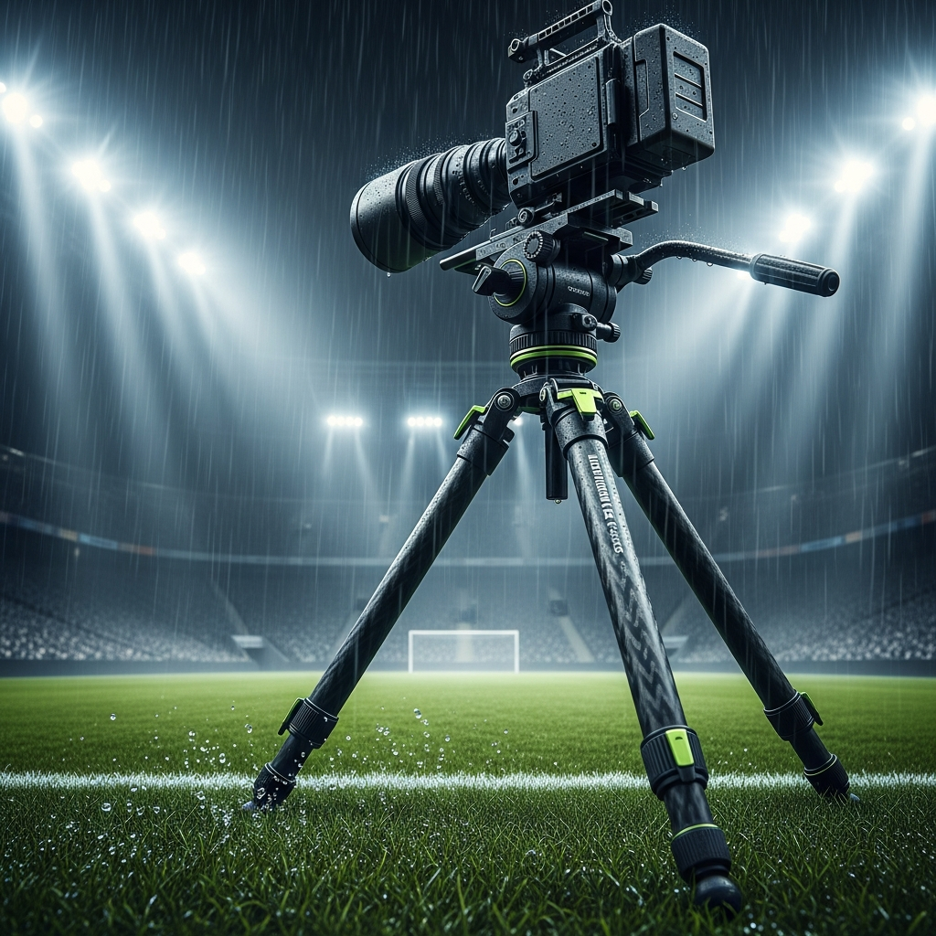 Professional carbon fiber tripod on wet pitch