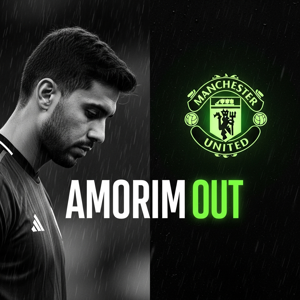 A dramatic, high-contrast thumbnail for "AMORIM OUT" blog post featuring a somber Ruben Amorim and a glowing Manchester United crest.