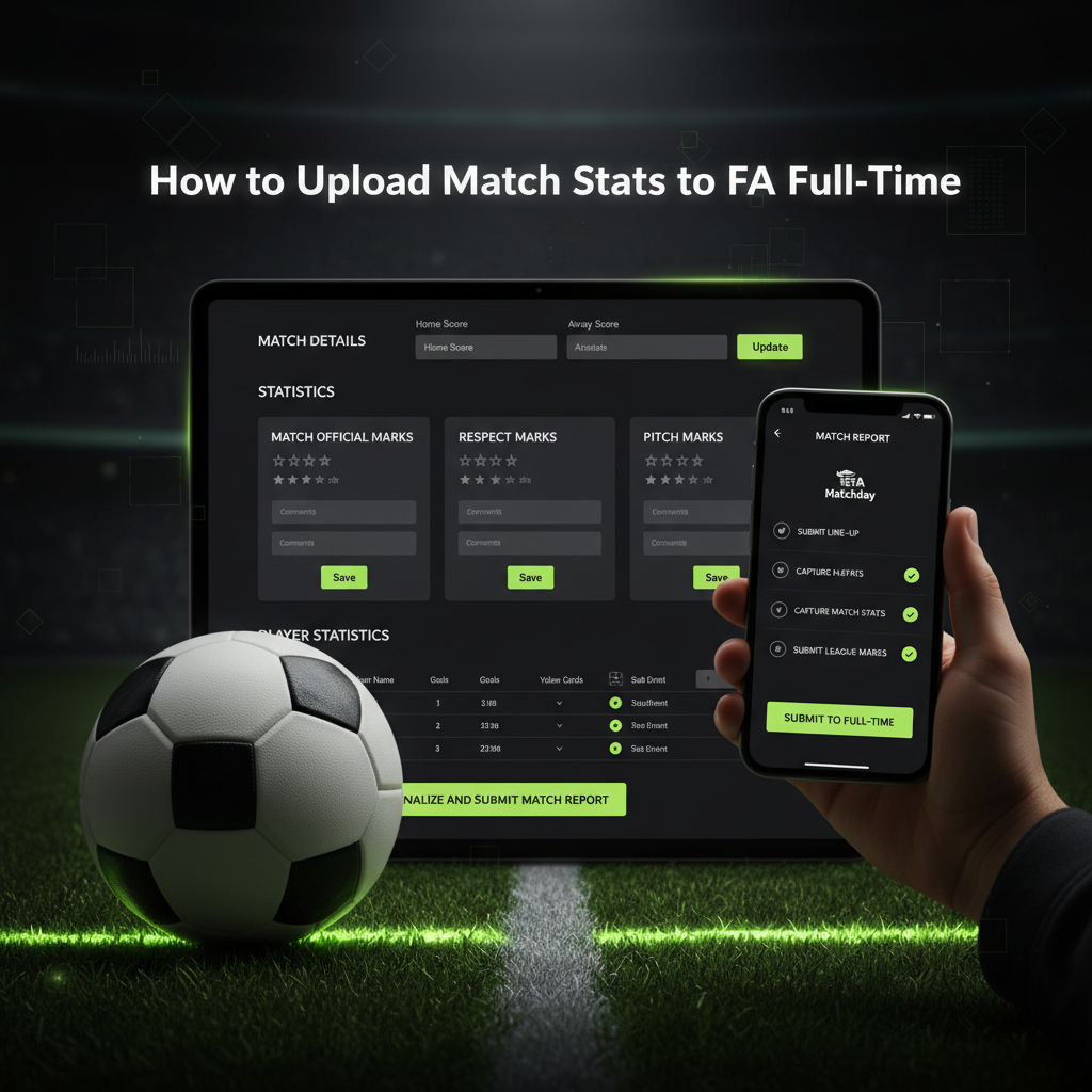 A dark-themed screenshot of The FA Full-Time website showing where to enter match statistics, highlighted in lime green.