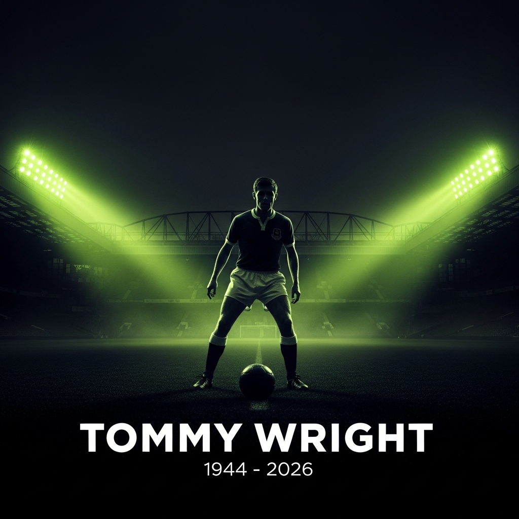 A dramatic and respectful 16:9 thumbnail featuring a silhouetted 1960s footballer against Goodison Park, with lime green light rays. Text: TOMMY WRIGHT 1944 - 2026.