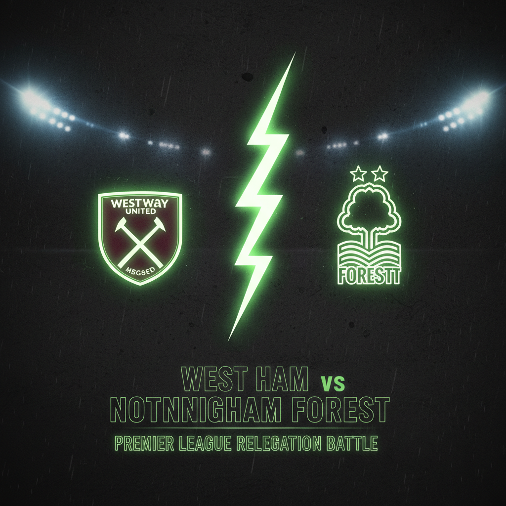 Premier League table highlighting West Ham and Nottingham Forest in the relegation zone with a lime green and dark color scheme.