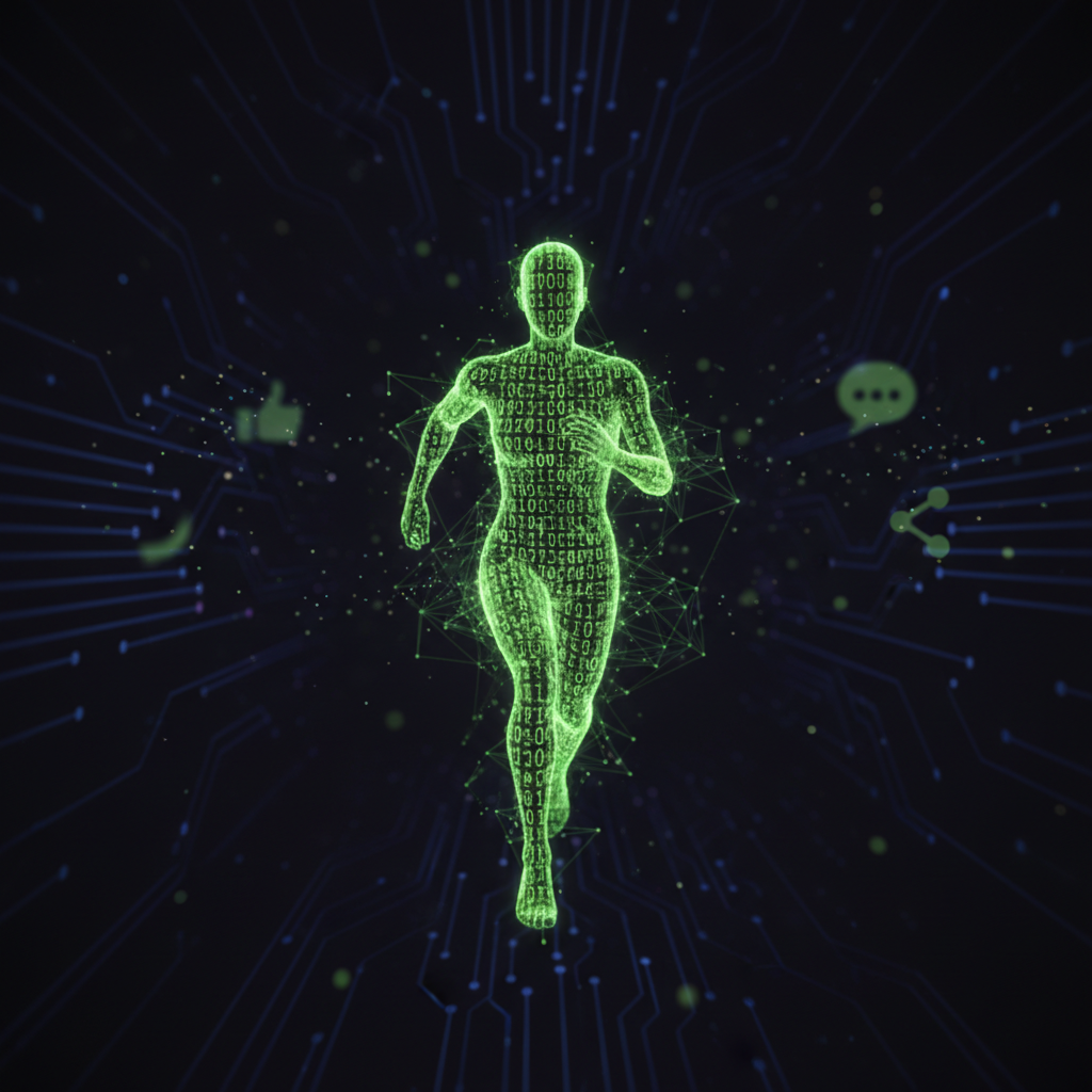 An athlete managing their positive personal brand on a smartphone, with a lime green and dark color scheme.