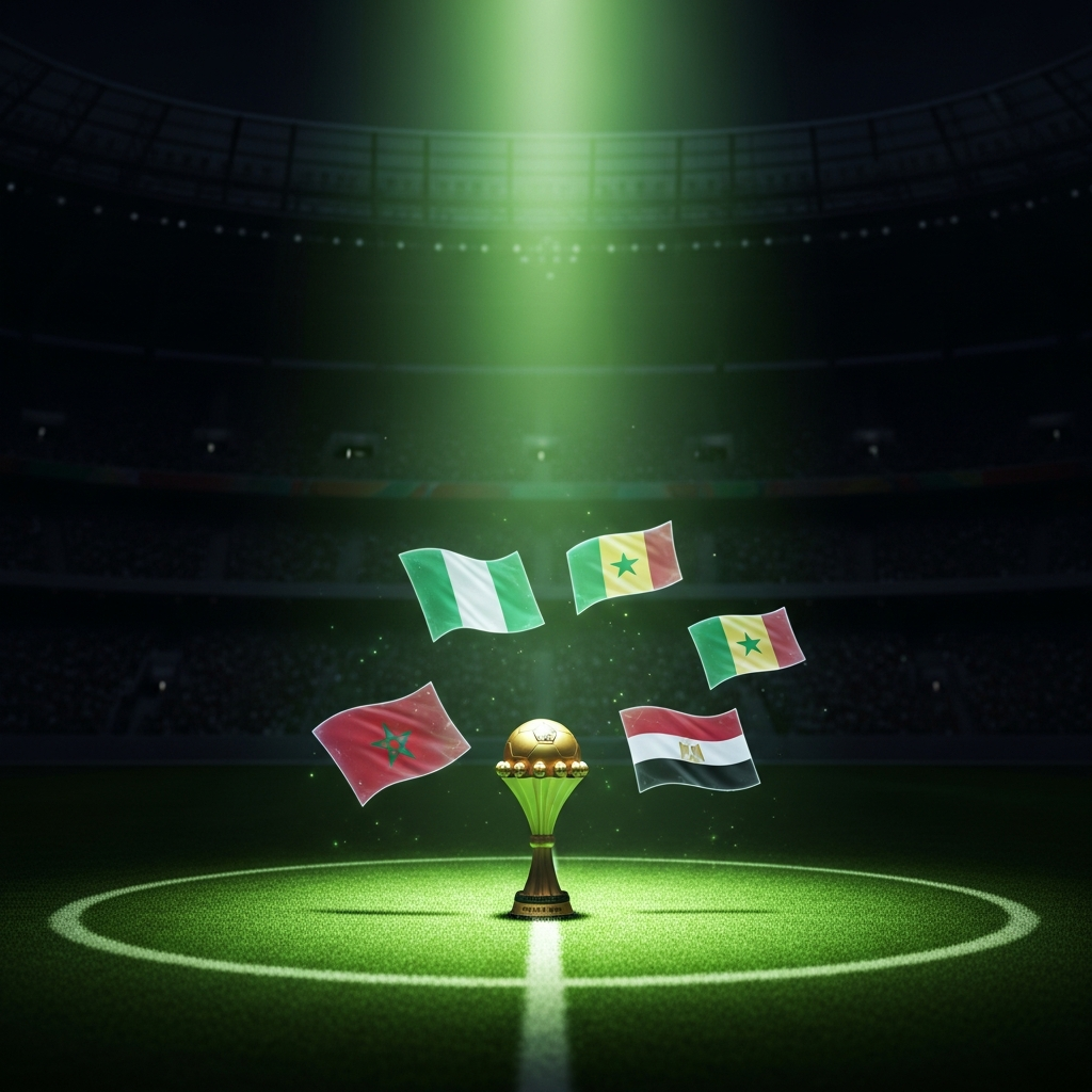 A hyper-realistic, dark-toned 16:9 image of the AFCON 2025 trophy standing on the center circle of a pristine football pitch at night. The stadium background is dark and atmospheric, with the stands blurred into the shadows. The pitch is dramatically illuminated by an ethereal, vibrant lime green light from above. Subtle, glowing holographic flags of the four semi-finalists—Morocco, Nigeria, Senegal, and Egypt—float softly in the air behind the trophy, adding a touch of magic and anticipation to the scene. The overall mood is tense, prestigious, and futuristic.