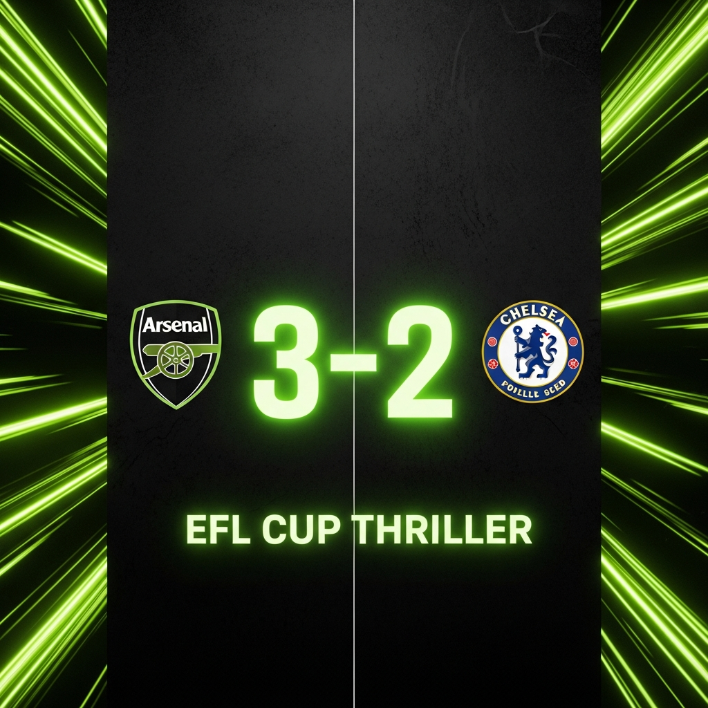 A dramatic 16:9 thumbnail for a sports blog post with a dark, high-contrast aesthetic and a lime green color scheme. The image is split down the middle. On the left, the Arsenal club crest is shown against a dark textured background with abstract lime green light trails streaking past it. On the right, the Chelsea club crest is mirrored with the same dark background and lime green lighting effect. In the center, a bold, glowing lime green score "3-2" dominates. Below the score, the text "EFL CUP THRILLER" is written in a modern, sans-serif font.