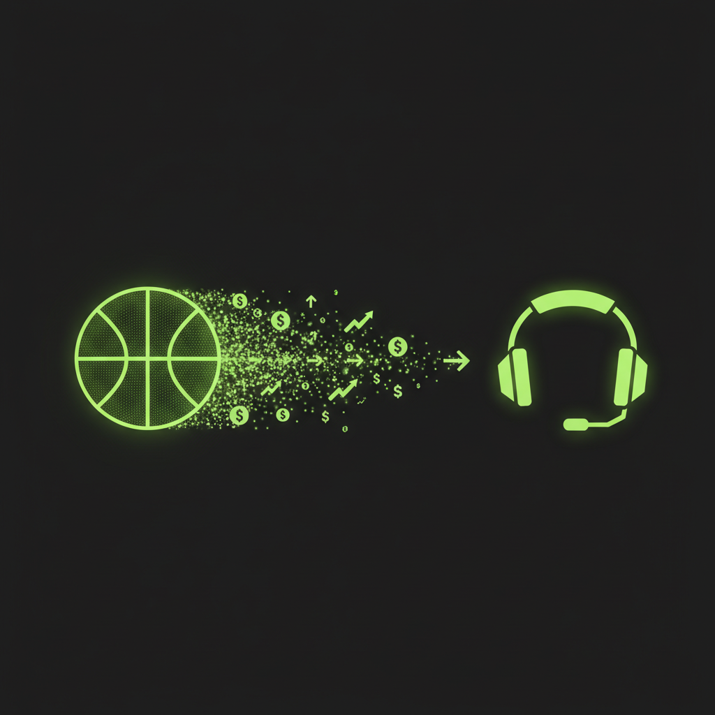 Graphic illustrating financial investment flowing from traditional sports to esports, shown with glowing lime green icons.