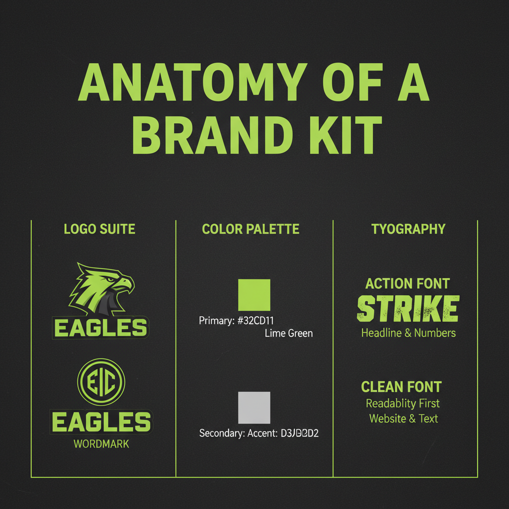 A visual guide to a sports team brand kit, showing the logo suite, a dark grey and lime green color palette, and font examples.