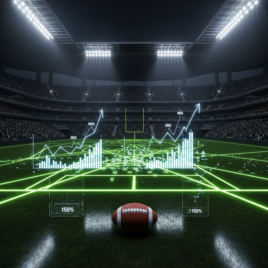 A futuristic, stylized football stadium at night with glowing lime green tactical lines