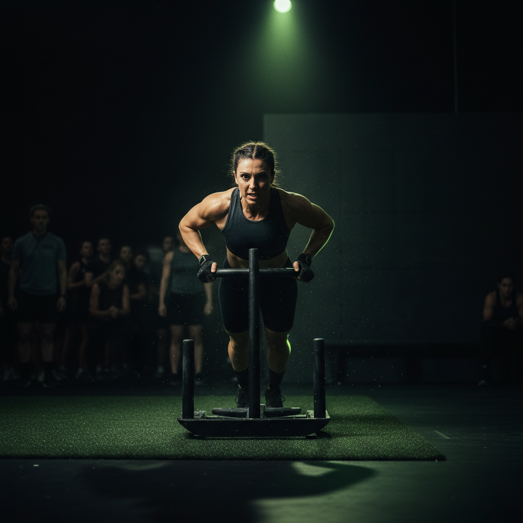 Male athlete performing a wall ball exercise at a Hyrox event with a lime green and dark color theme.