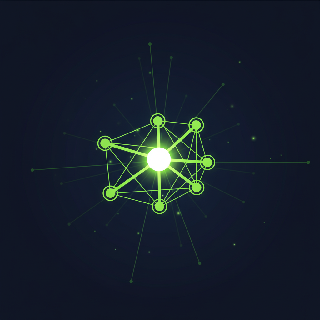 An abstract network of bright lime green lights on a dark background, representing an athlete’s strong support system.