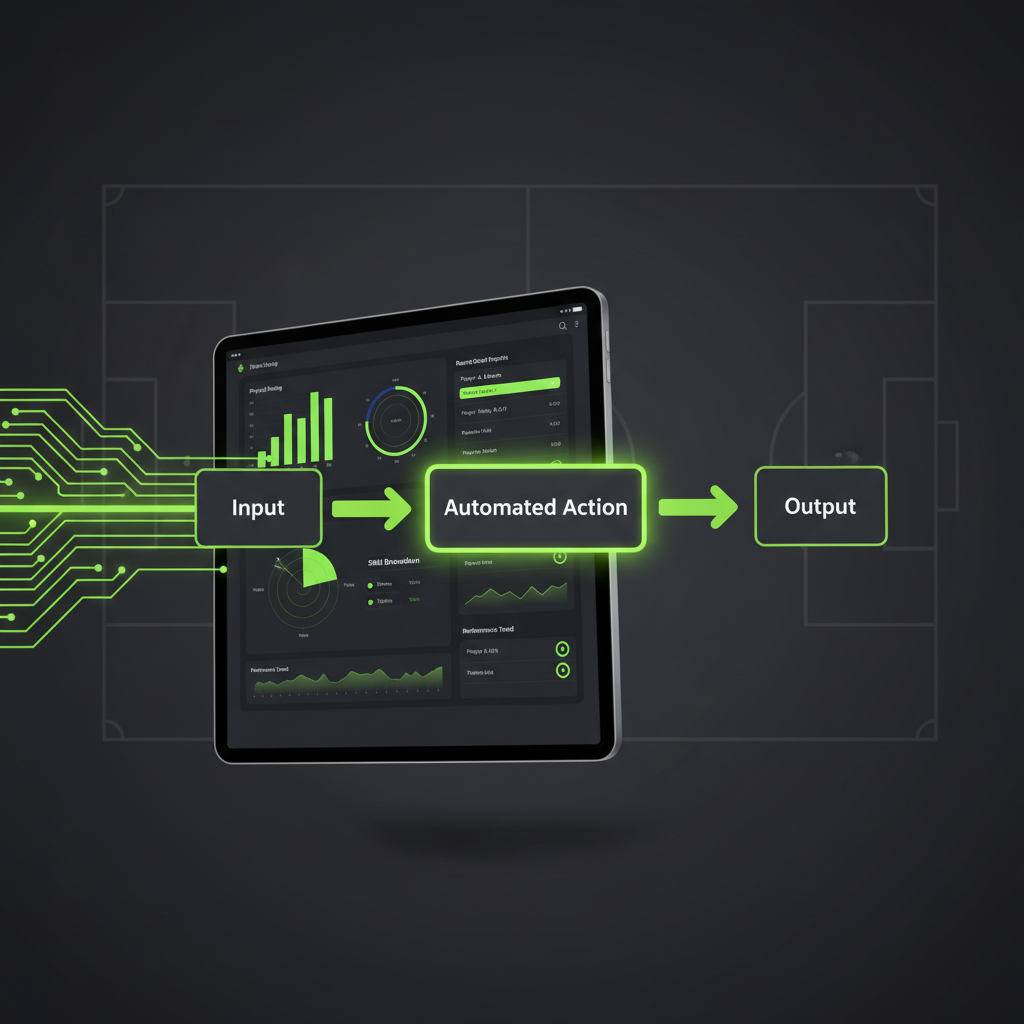 A digital workflow diagram showing automation steps in lime green and dark grey.