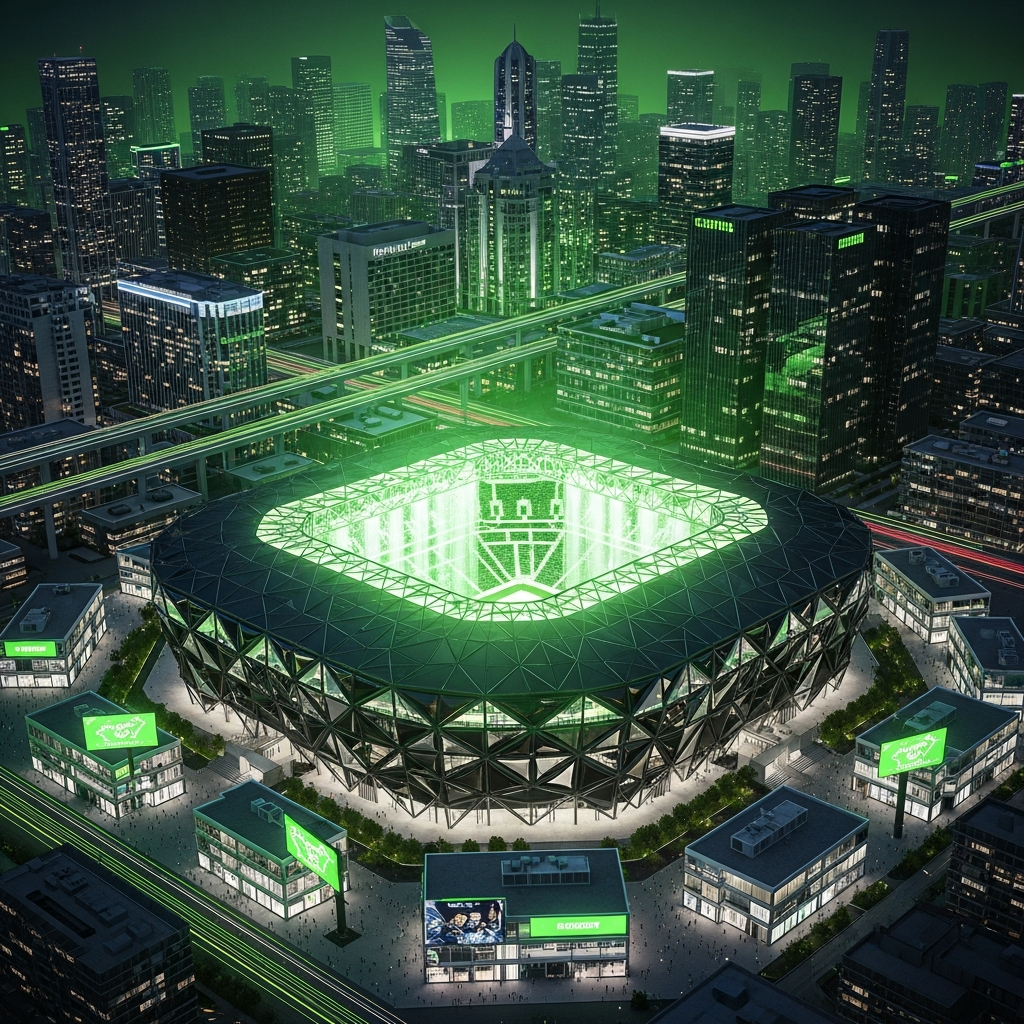 Futuristic sports stadium complex at night