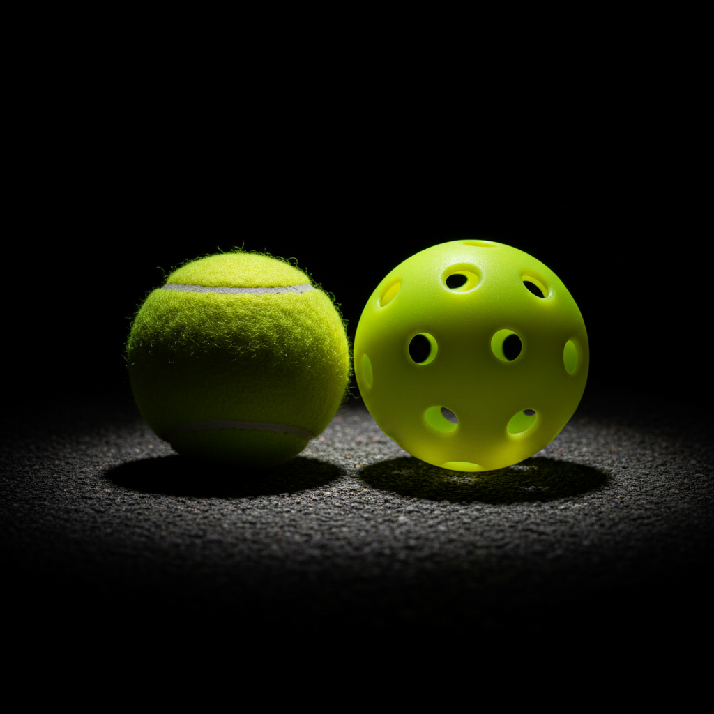 A pickleball player in dark and lime green gear hitting a finesse shot at the net.